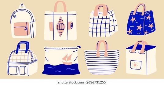 Set of blue summer different bags and backpack for traveling and storing things. Vector clipart