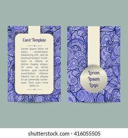 Set of blue summer sea boho paisley card template designs, perfect for brochure covers, leaflets, flyers, cards and invitations. Doodle design.