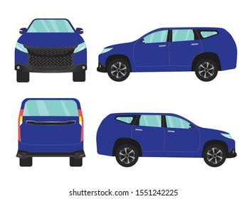 Set of blue suv car view on white backgruond, illustration vector,Side, front, back