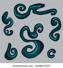 Satz blauer Wirbel. Linienvektorsymbole für Muster und Hintergründe.