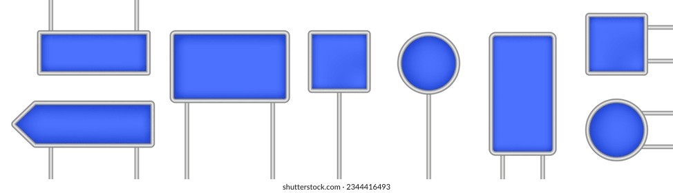 Set of blue tablets, hanging panels, signboards with pointer isolated on a transparent background. Round and square signposts. 3D metal roadside pointers. Blank billboard