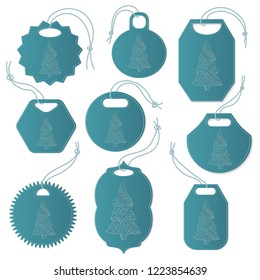 Set of Blue Tags Decorated with Hand Drawn Patterned Christmas Tree. Various Labels with Fir Tree made in Boho, Zentangle, Doodle Style.