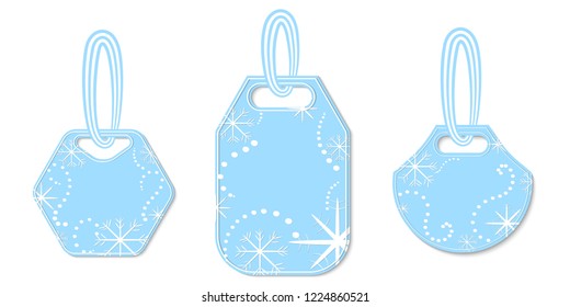 Set of Blue Tags Decorated with White Snowflakes and Festoons. Christmas and New Year Labels Hanging on Striped Ribbons