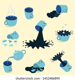 Set of blue tea and coffee cups - full, empty, broken. Vector illustration. On yellow background.