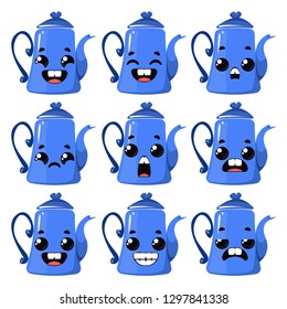 Set of blue teapots with different emotions. Vector illustration in cartoon childish style.