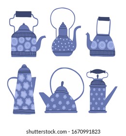 Conjunto de teteras azules. Ilustración vectorial.