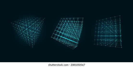 Conjunto de objetos de cubo 3D de la tecnología azul. Puntos y líneas conectados. Formas platónicas con efecto Profundidad de campo. Elemento de diseño HUD futurista. Fondo vectorial.