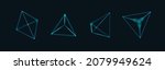 Set of Blue Technology 3D Triangular Pyramid Objects. Geometric Glowing Tetrahedrons. Platonic Shapes with Depth of Field Effect. Futuristic HUD Design Element. Vector Background.
