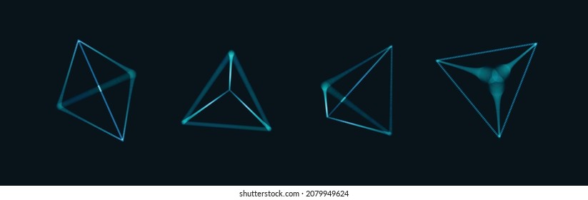 Set of Blue Technology 3D Triangular Pyramid Objects. Geometric Glowing Tetrahedrons. Platonic Shapes with Depth of Field Effect. Futuristic HUD Design Element. Vector Background.