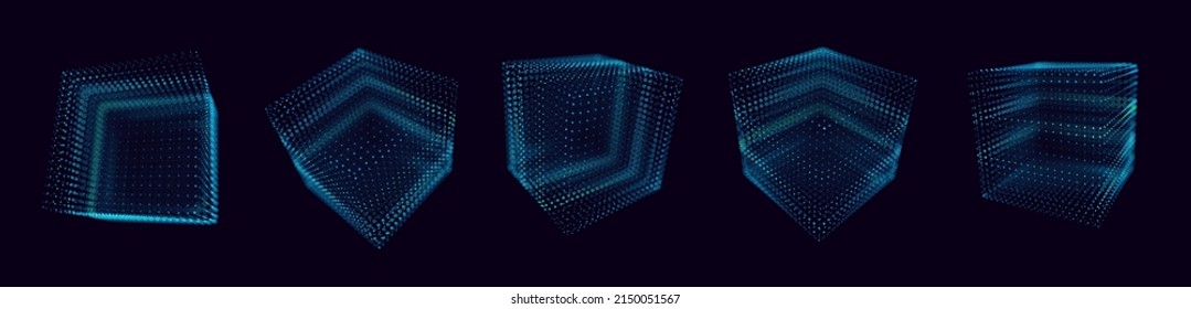 Set of Blue Technology Cubes. Hi-Tech Grid Style Wireframe 3D Forms. Round Cubes. Artificial Intelligence HUD Design Element. Cloud Computing Server Technology Concept. Vector Illustration.