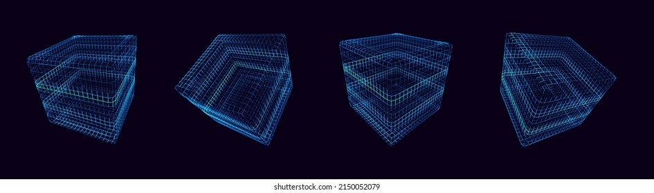 Set of Blue Technology Cubes. Hi-Tech Grid Style Wireframe 3D Forms. Round Cubes. Artificial Intelligence HUD Design Element. Cloud Computing Server Technology Concept. Vector Illustration.