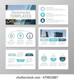 Set of blue template for multipurpose presentation slides with graphs and charts. Leaflet, annual report, book cover design.