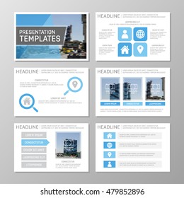 Set of blue template for multipurpose presentation slides with graphs and charts. Leaflet, annual report, book cover design.