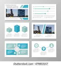 Set of blue template for multipurpose presentation slides with graphs and charts. Leaflet, annual report, book cover design.