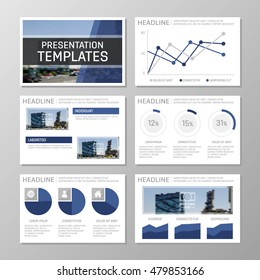 Set of blue template for multipurpose presentation slides with graphs and charts. Leaflet, annual report, book cover design.