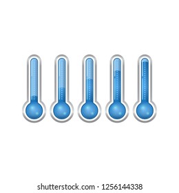 Set of blue thermometers with changing temperature on a white background