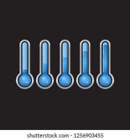 Set of blue thermometers with changing temperature on a black background