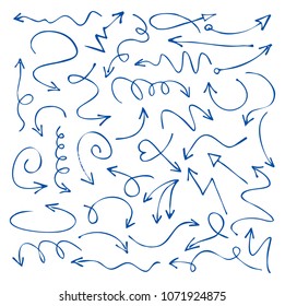 Set of blue thin hand-drawn Arrows. Vector Illustration. Collection of Icons.