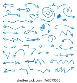 Set of blue thin hand-drawn Arrows. Vector Illustration.