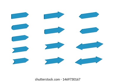 Set of blue three-dimensional arrows of different shapes and configurations for design and decoration