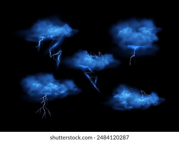 Set of blue thunder clouds with smog, lightning and mystical fog. Vector illustration with thunder and magic glow effects on a black isolated background. background.