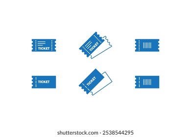 Conjunto de ícones azuis do tíquete. Ícone de linha de tíquete do cinema. Sinal de permissão de concerto. Ícone de cupom ou comprovante VIP. Tíquete de Modelo em Branco. Símbolo de Tíquete ou Cupom.