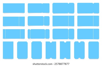 Set of blue ticket mockups with ruffle edges and shadows. Empty template. Concert, movie or theater ticket. Boarding blank, lottery, sale coupon	