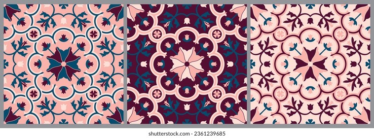 Set of blue tiles and floors. Patchwork for wallpaper. Portuguese traditional mosaic. Geometric florals. Mediterranean culture. Spanish majolica tile pattern. Vector illustration