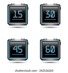 Set of blue timers. 15, 30, 45, 60 seconds.