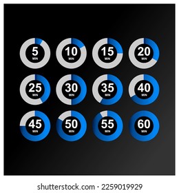 Set von blauen Zeiten alle 5 Minuten auf insgesamt 60 Minuten mit schwarzem Hintergrund