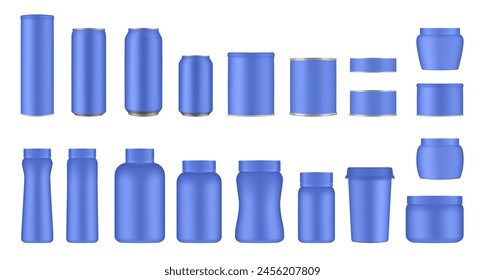 Set of blue tin cans and jars. Coffee or tea canister. Tin can for preserves or pet food. Beer, cocktail or soda can. Chips tube. Cookie jar. Round box for sugar or flour