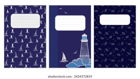 Set of blue title page templates with sailboats, seabirds, waves, clouds and checkered patterns. Based on seamless patterns.  Ideal for school notebooks, notepads, diaries.
