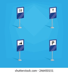 a set of blue traffic signals with different icons