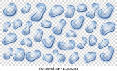 Set of blue translucent water drops of different shapes with shadows, isolated on transparent background. Transparency only in vector format