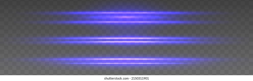 Set of blue transparent lines effect with sparkle. Neon glowing blue line isolated on transparent background. Flashes and glares. Laser beams, horizontal light rays. Christmas flash. Vector. 