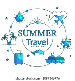 
Set of blue travel icons on isolated background. Summer Holiday Card