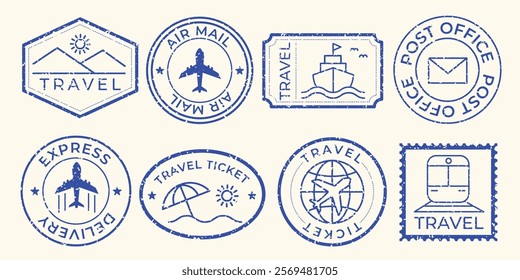 Set of blue travel stamps featuring planes, boats, and trains. Travel-themed designs include air mail, express delivery, and travel tickets. Travel icons repeated. Blue travel stamps, vector set.