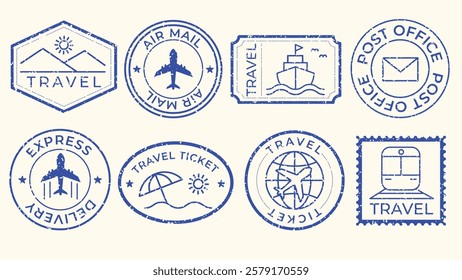 Set of blue travel-themed stamps with icons like planes, ships, and mail. Travel stamps for air mail, express delivery, and post office. Travel icons and stamps. Blue vintage stamps, vector set.