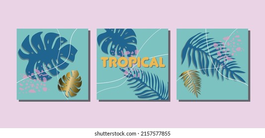 Set of blue tropical posters for interior design