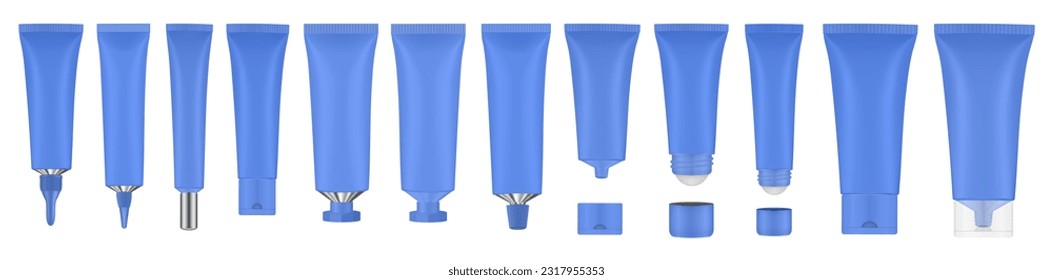 Set of blue tubes and bottles. Roller ball tube. Open and closed blank tubes with screw cap. Realistic mockup. Long nozzle tube. Ointment or salve. Gel serum. Korean packaging