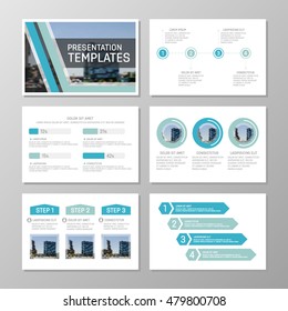 Set of blue and turquoise template for multipurpose presentation slides with graphs and charts. Leaflet, annual report, book cover design.