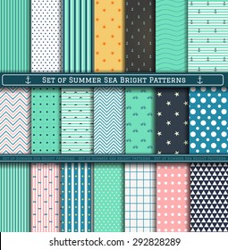 Set of blue, turquoise, white and pink summer sea patterns. Scrapbook design elements. 21 different summer patterns can be used for wallpaper, pattern fills, web page,background,surface