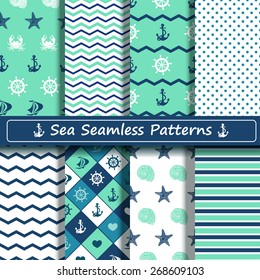 Set of blue, turquoise and white sea seamless patterns. Scrapbook design elements. All patterns are included in swatch menu.