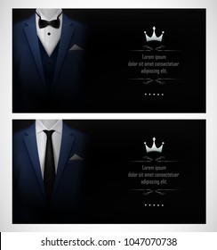 Set of blue tuxedo business card templates with men's suits and black tie