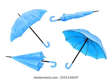 Set of blue umbrellas. Vector watercolor illustration.