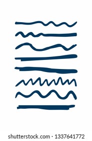 Set of blue underlines drawn by hand. Rough horizontal and wavy lines. Sketch, doodle, scribble. Vector illustration.