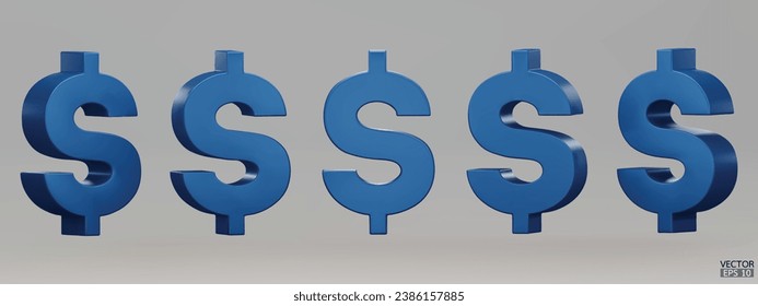 Conjunto de símbolos azules en dólares estadounidenses aislados en fondo gris. Signo de dólar azul. 3D firma el signo de la moneda del dinero. Ilustración vectorial 3D.