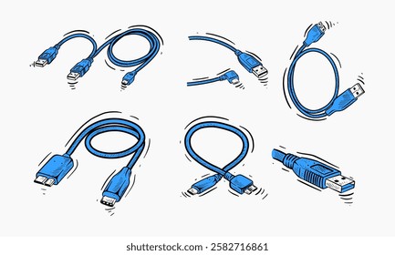 Set of blue USB cables with different connector types and configurations.