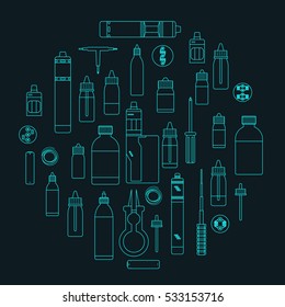 Set of blue vape elements on dark background. Vector illustration.