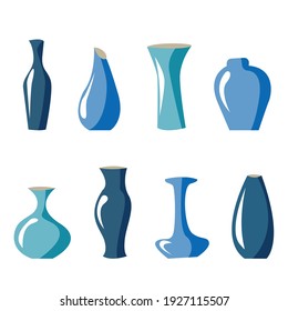 set of blue vases. abstract flower vase. interior crockery. stock vector illustration.